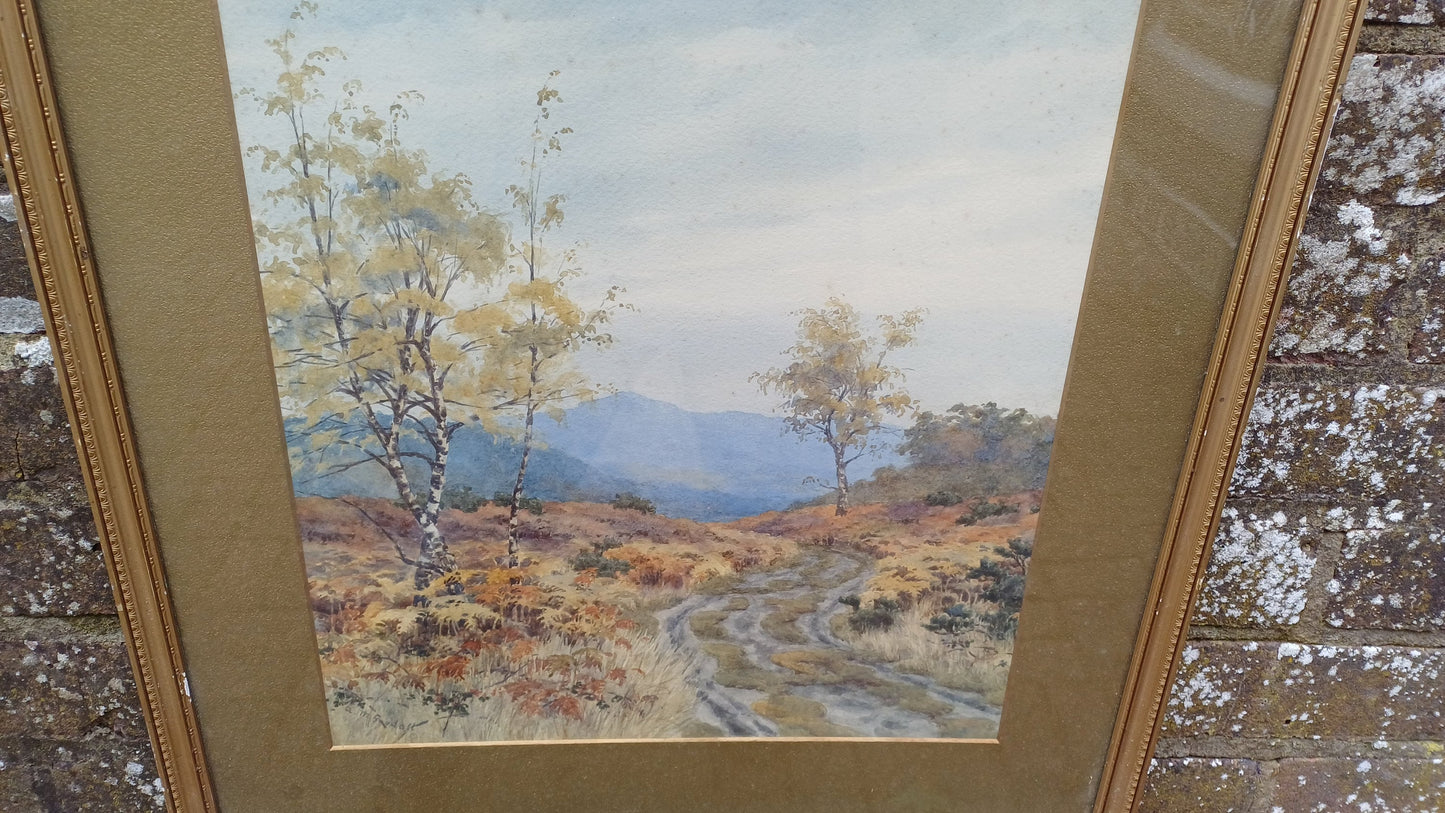 Large Vintage Original Watercolour Painting Landscape Country Highlands or Lake District Maybe Glazed Wooden Frame