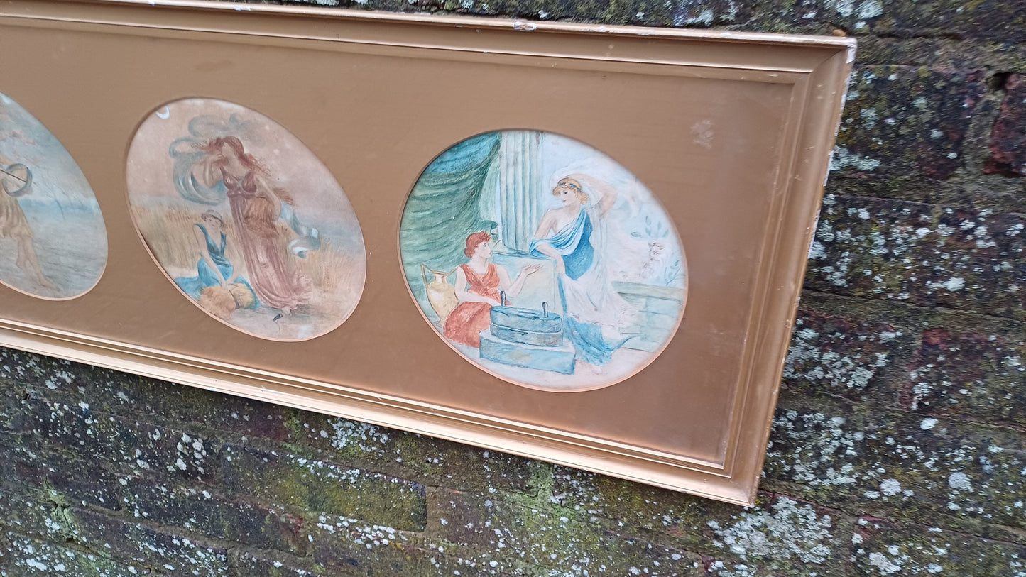 Victorian Vintage watercolour of Gods, Goddesses, Classical Creatures; stunning gold vintage frame with gold mounts