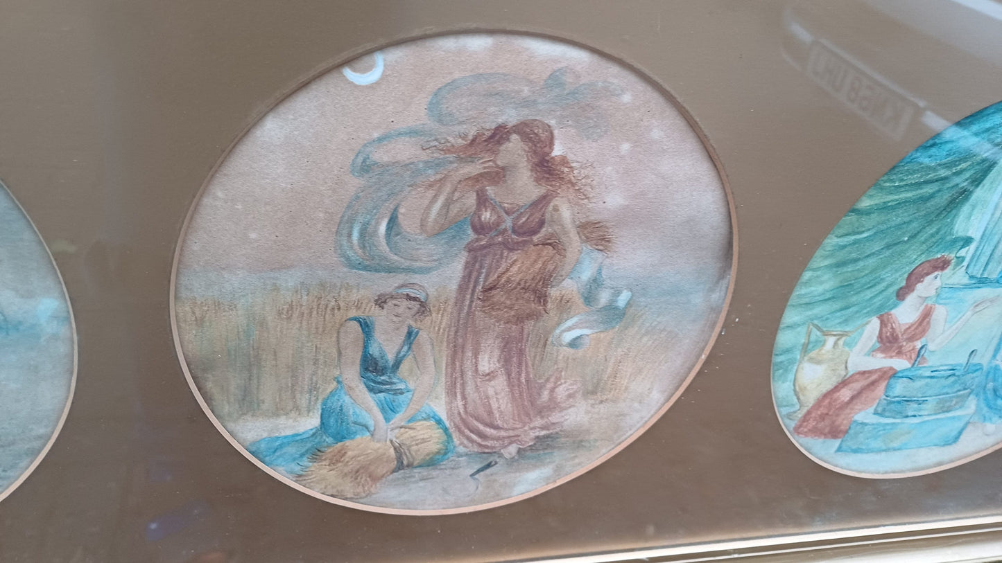 Victorian Vintage watercolour of Gods, Goddesses, Classical Creatures; stunning gold vintage frame with gold mounts