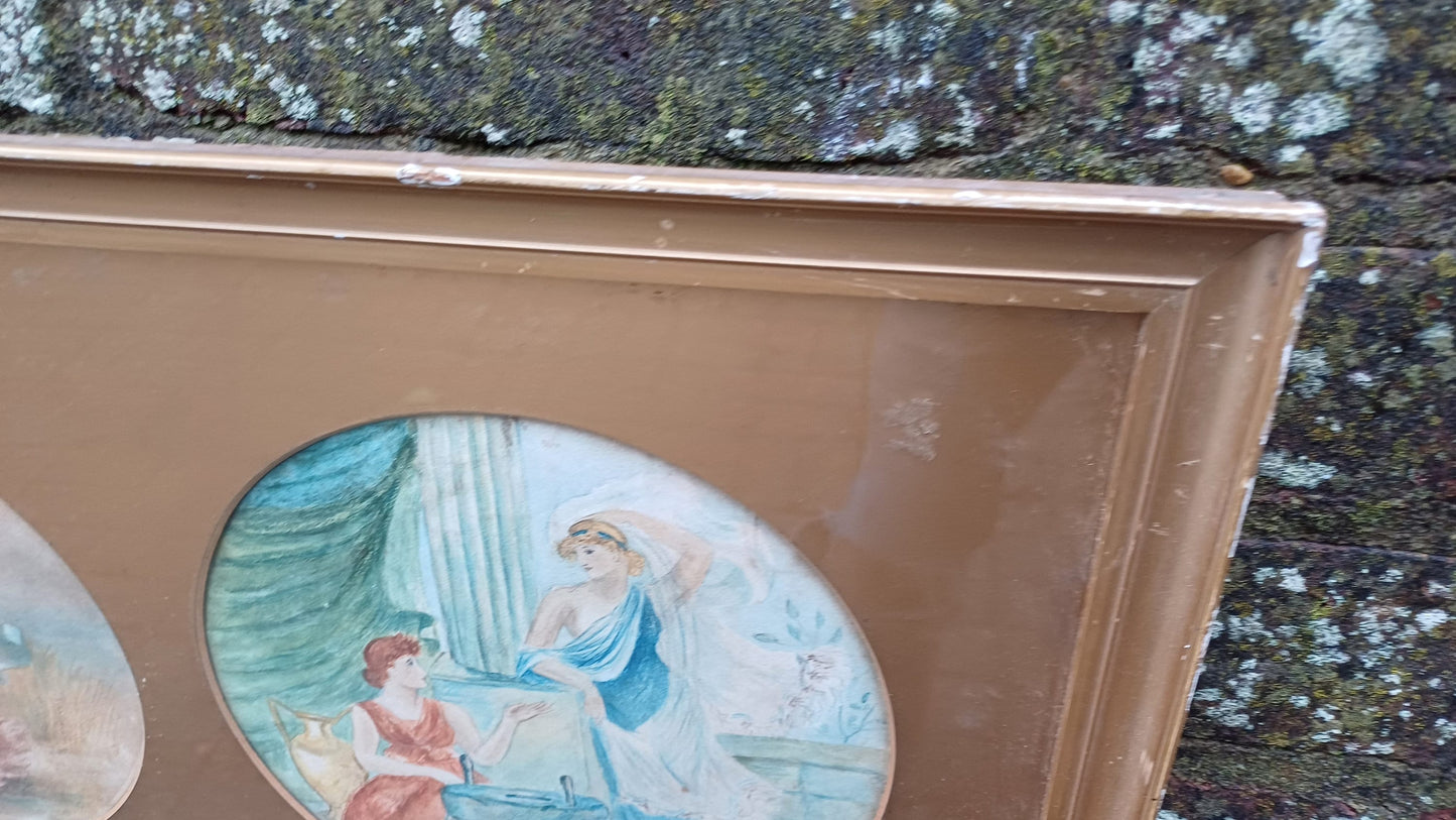 Victorian Vintage watercolour of Gods, Goddesses, Classical Creatures; stunning gold vintage frame with gold mounts