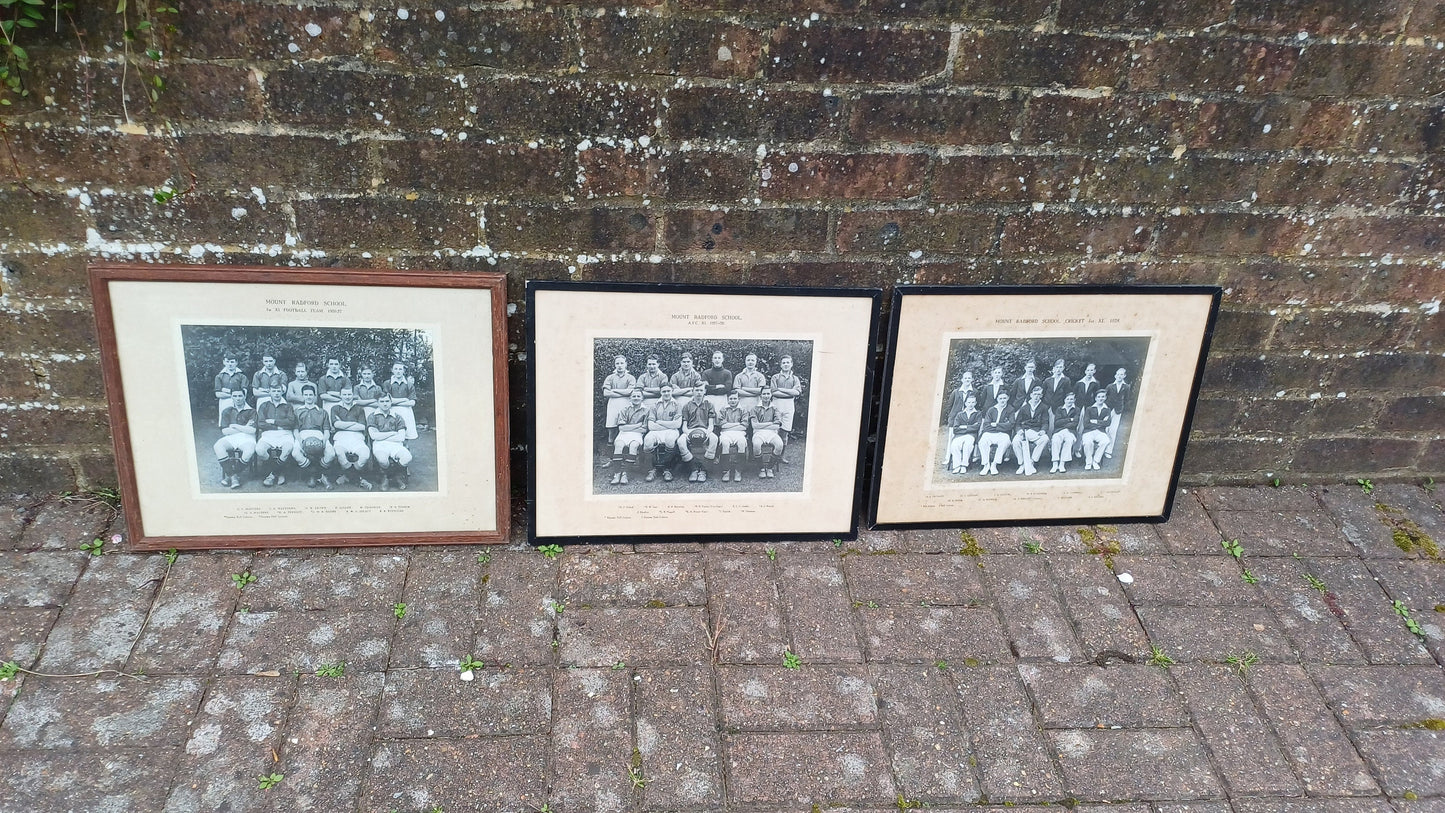 Three wonderful sports team photos from 1930s in vintage glazed frames - Mount Radford School, Exeter, Devon - football, cricket, rugby