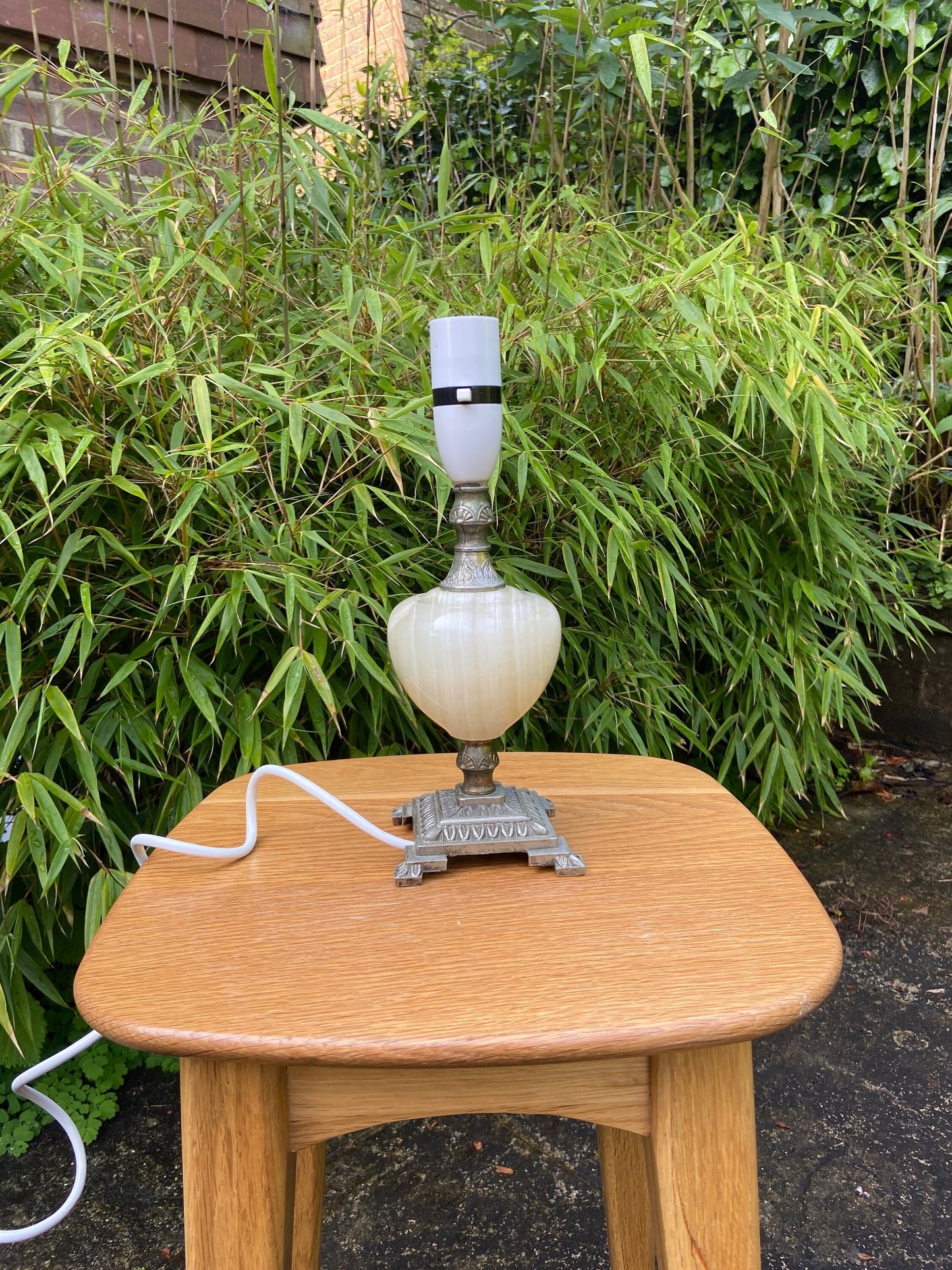 green and cream onyx lamp base withornate metal base and stem