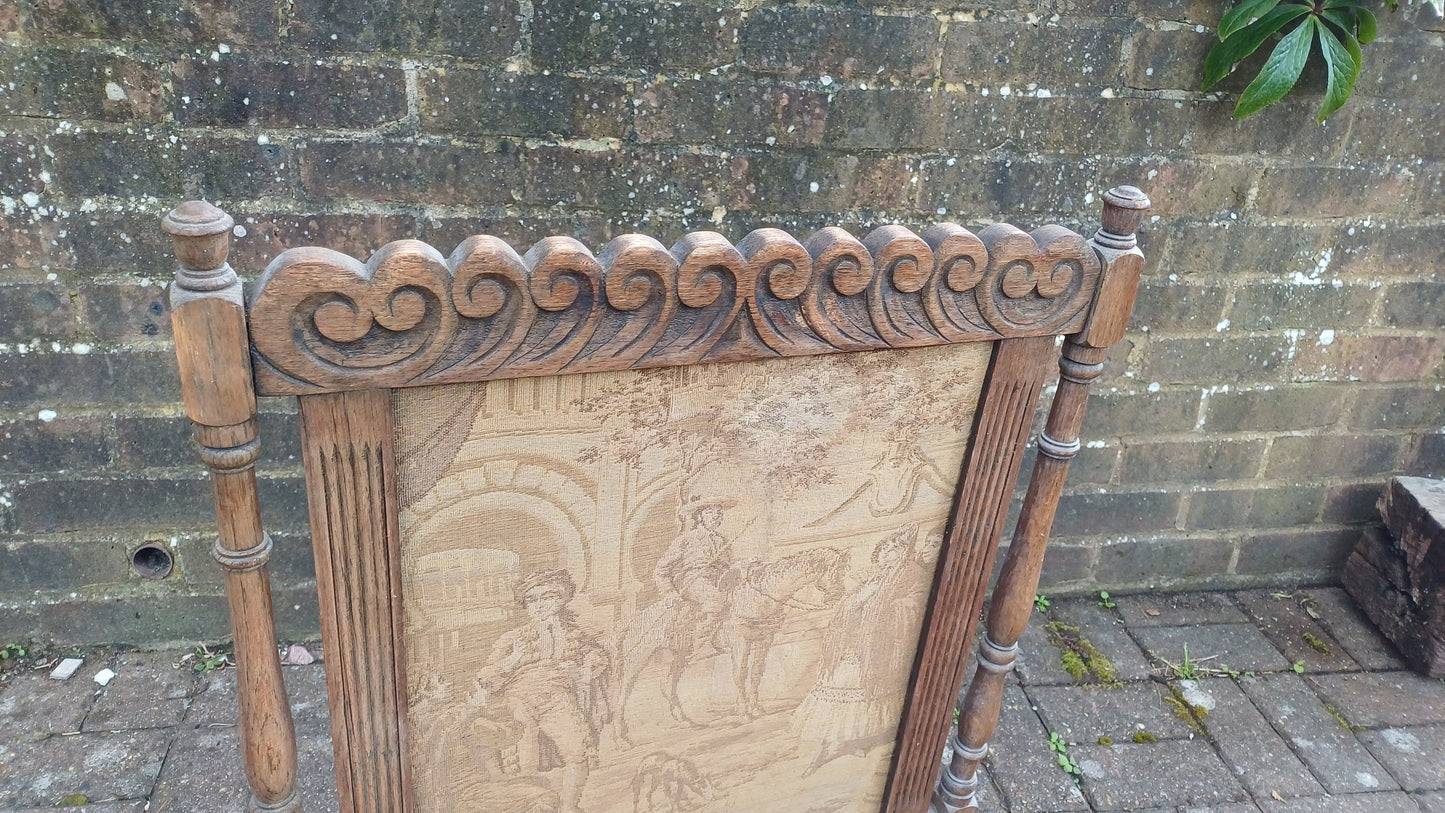 Superb Vintage Stripped Oak Tapestry Fire Screen
