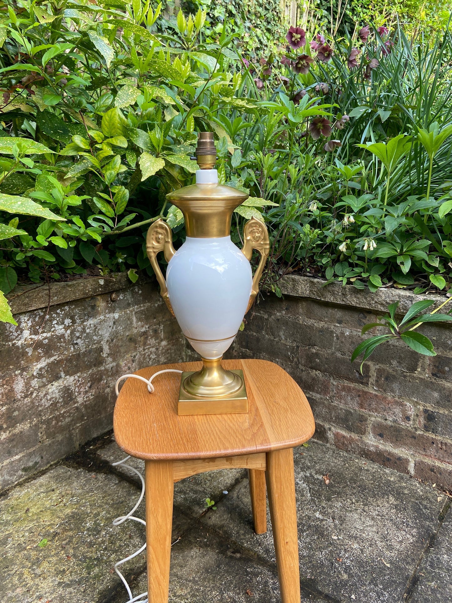 white and gold ancient urn style lamp. made in Portugal