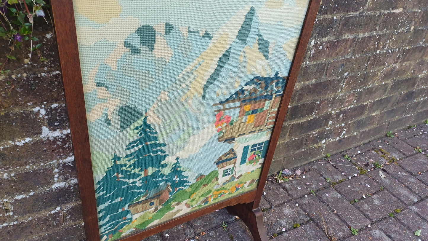 Vintage Oak Fire Screen 1920s Swiss Alps Tapestry Fire Guard Fireplace.