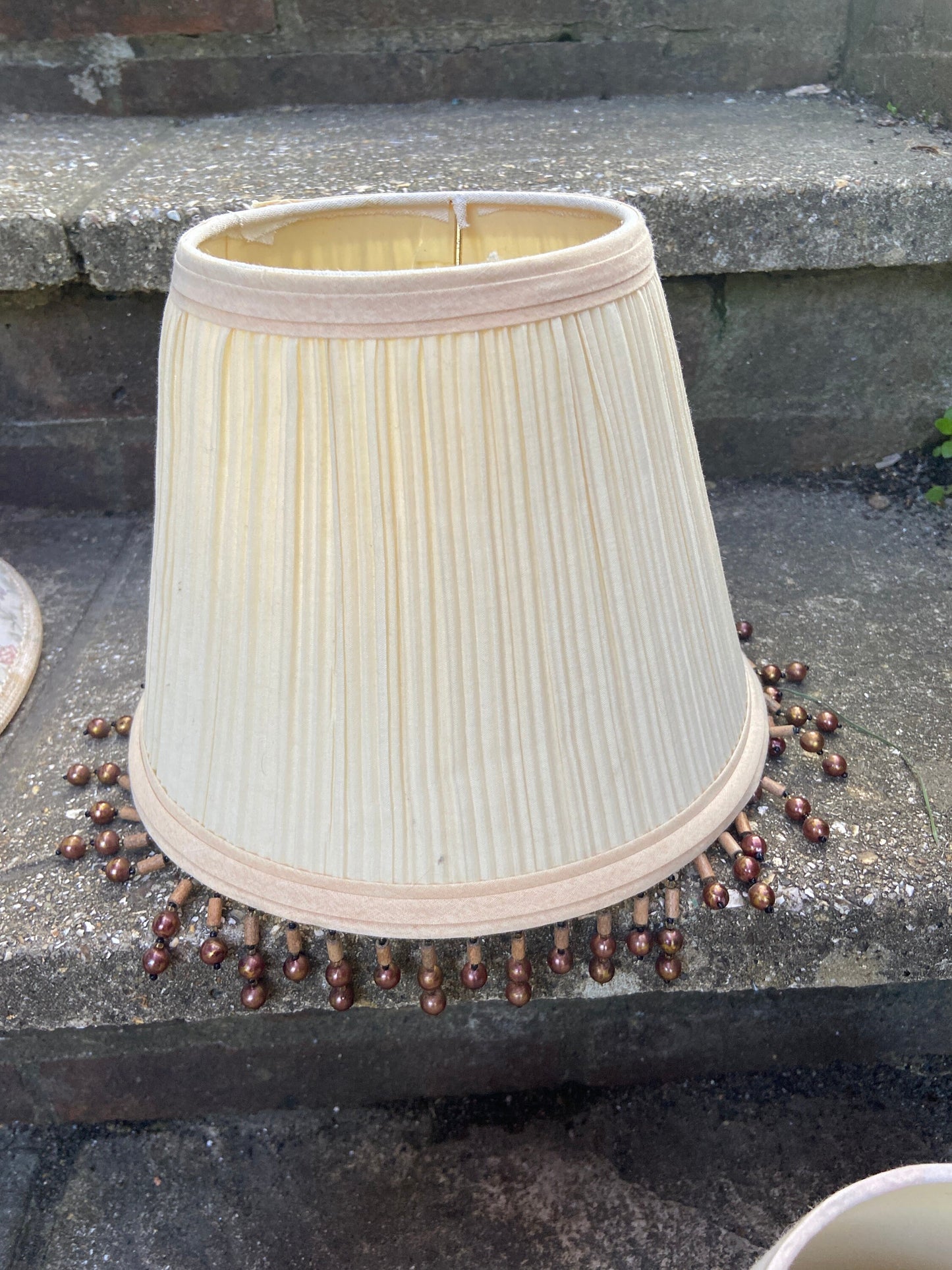 Six small medium size vintage shades - incl a pair, jacquard material one, pleated shade with brown beads, vintage lampshades