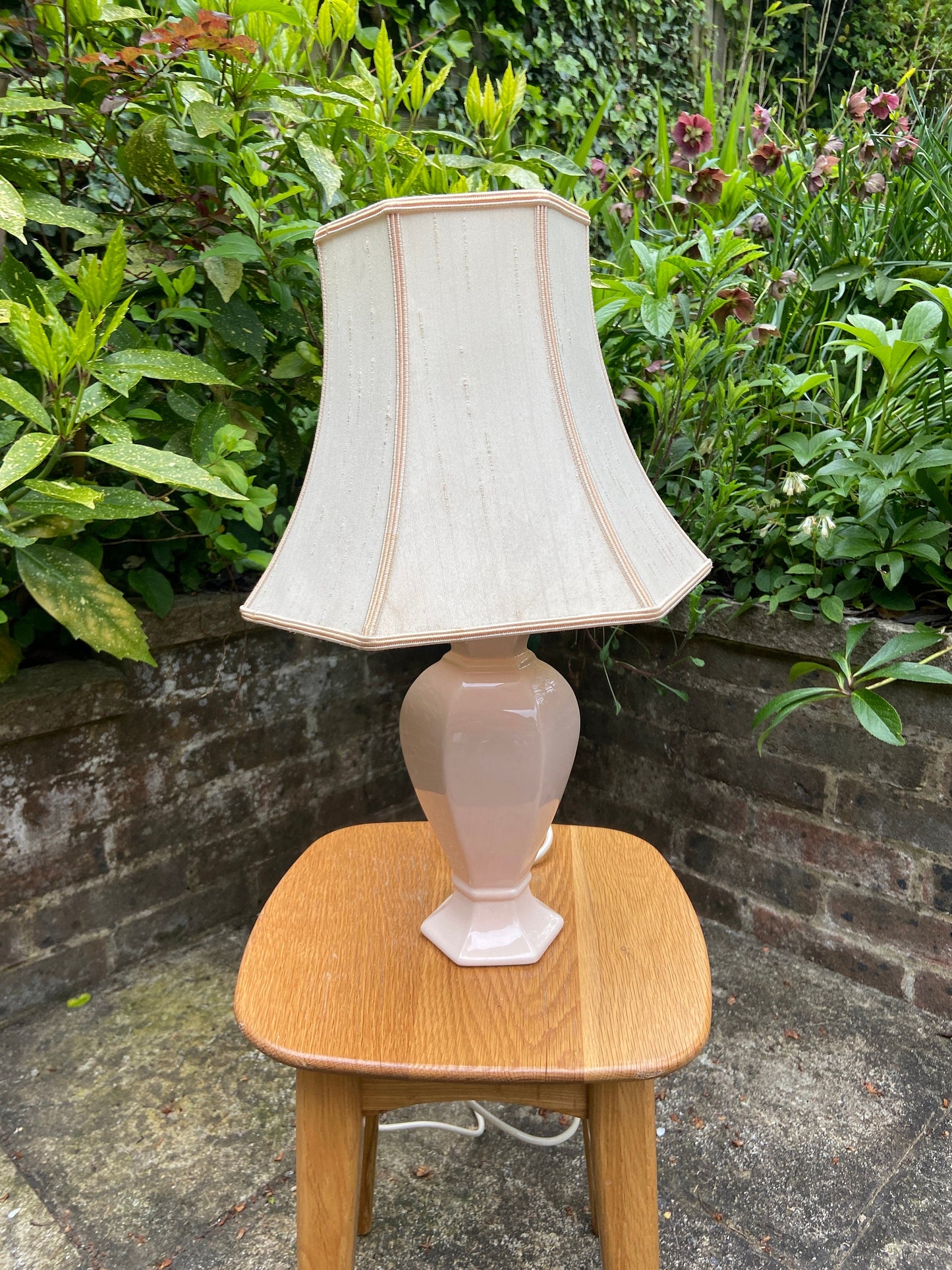 Vintage Baby Pink Pastel Pink St Michael’s ceramic glazed lamp base with vintage pink shade, table lamp, working vintage lamp