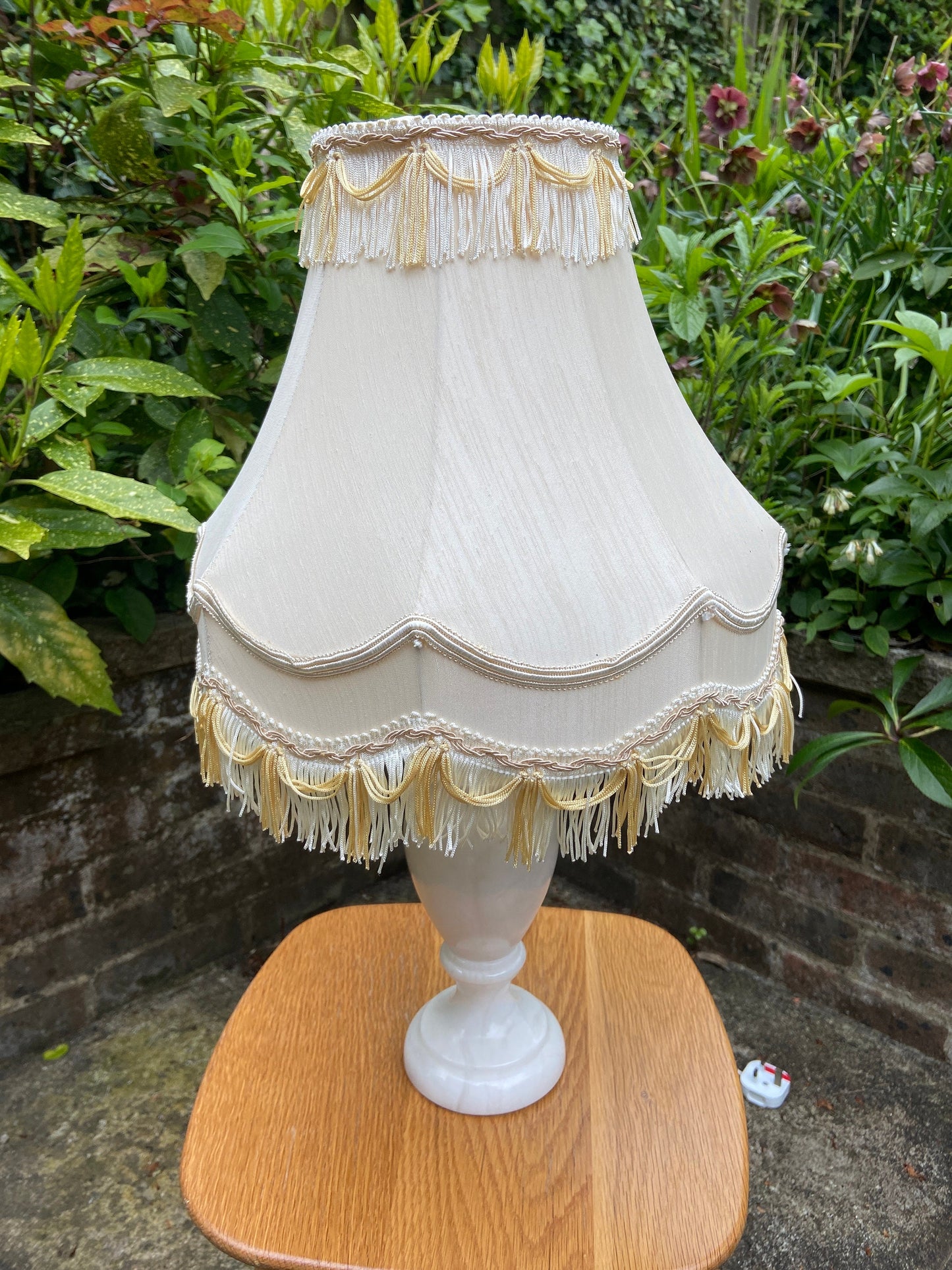 Vintage quality white onyx lamp with glorious vintage made to match shade - working onyx lamp, table lamp