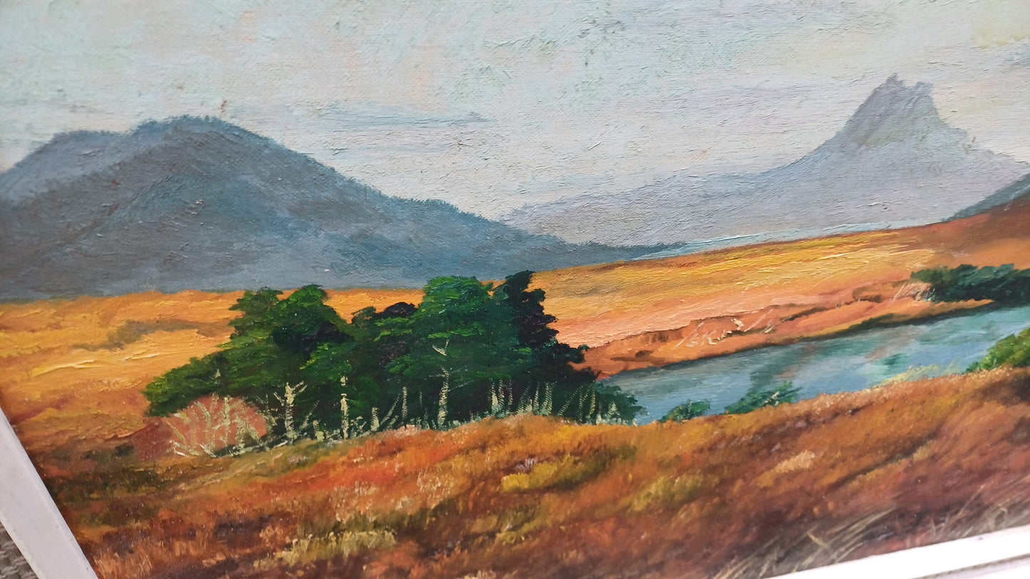 Original vintage Oil Painting of a Landscape, framed in wonderful retro material mounted vintage frame - large