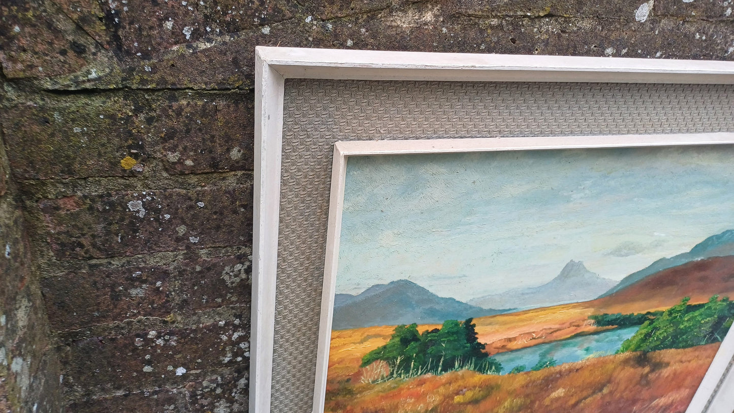 Original vintage Oil Painting of a Landscape, framed in wonderful retro material mounted vintage frame - large