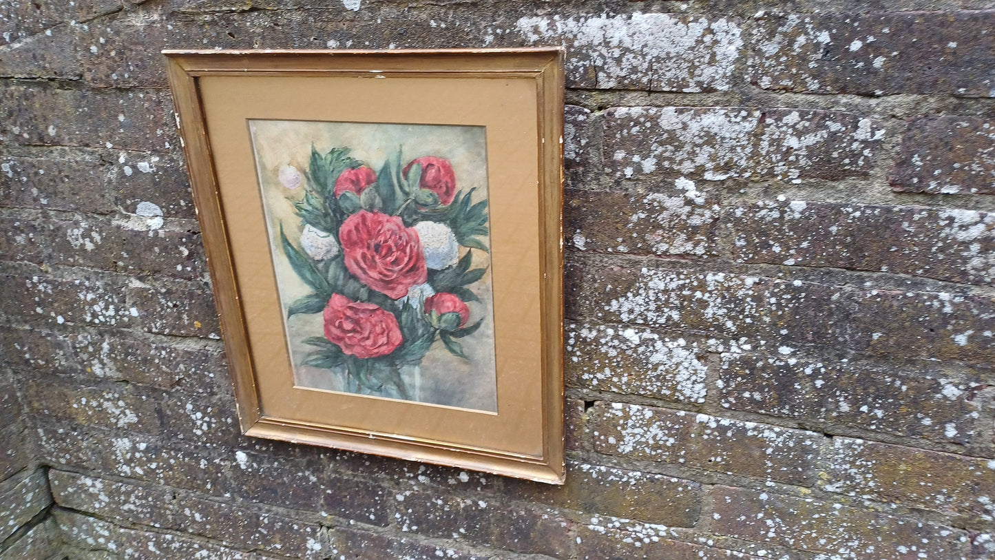 Vintage Original Watercolour and Pen Still Life In Gold Frame Red and White Flower.