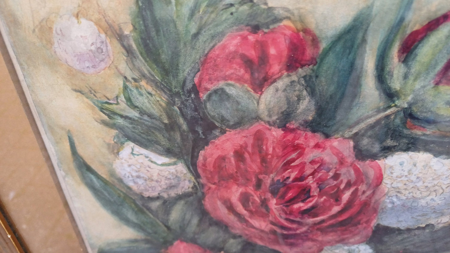 Vintage Original Watercolour and Pen Still Life In Gold Frame Red and White Flower.
