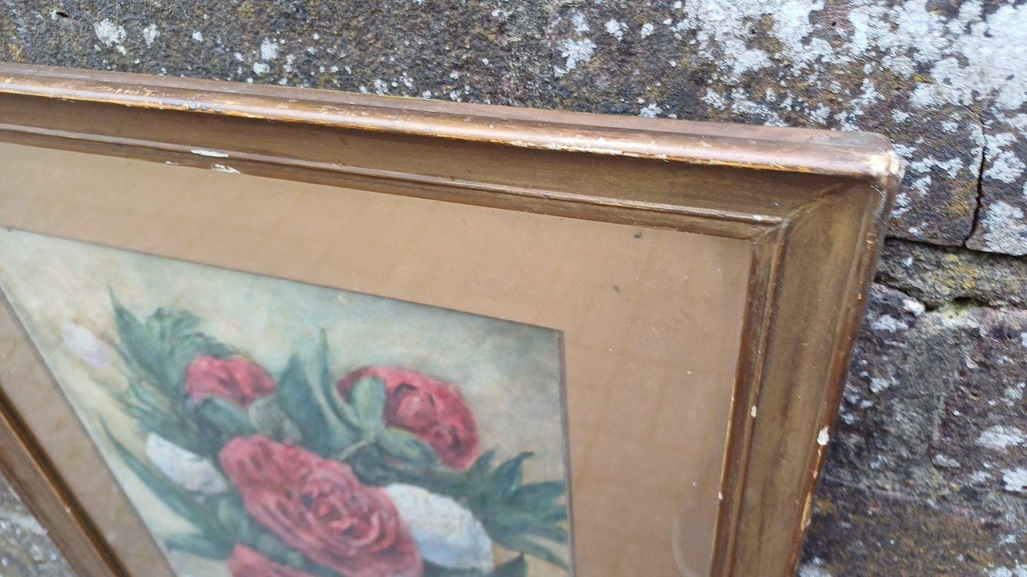 Vintage Original Watercolour and Pen Still Life In Gold Frame Red and White Flower.