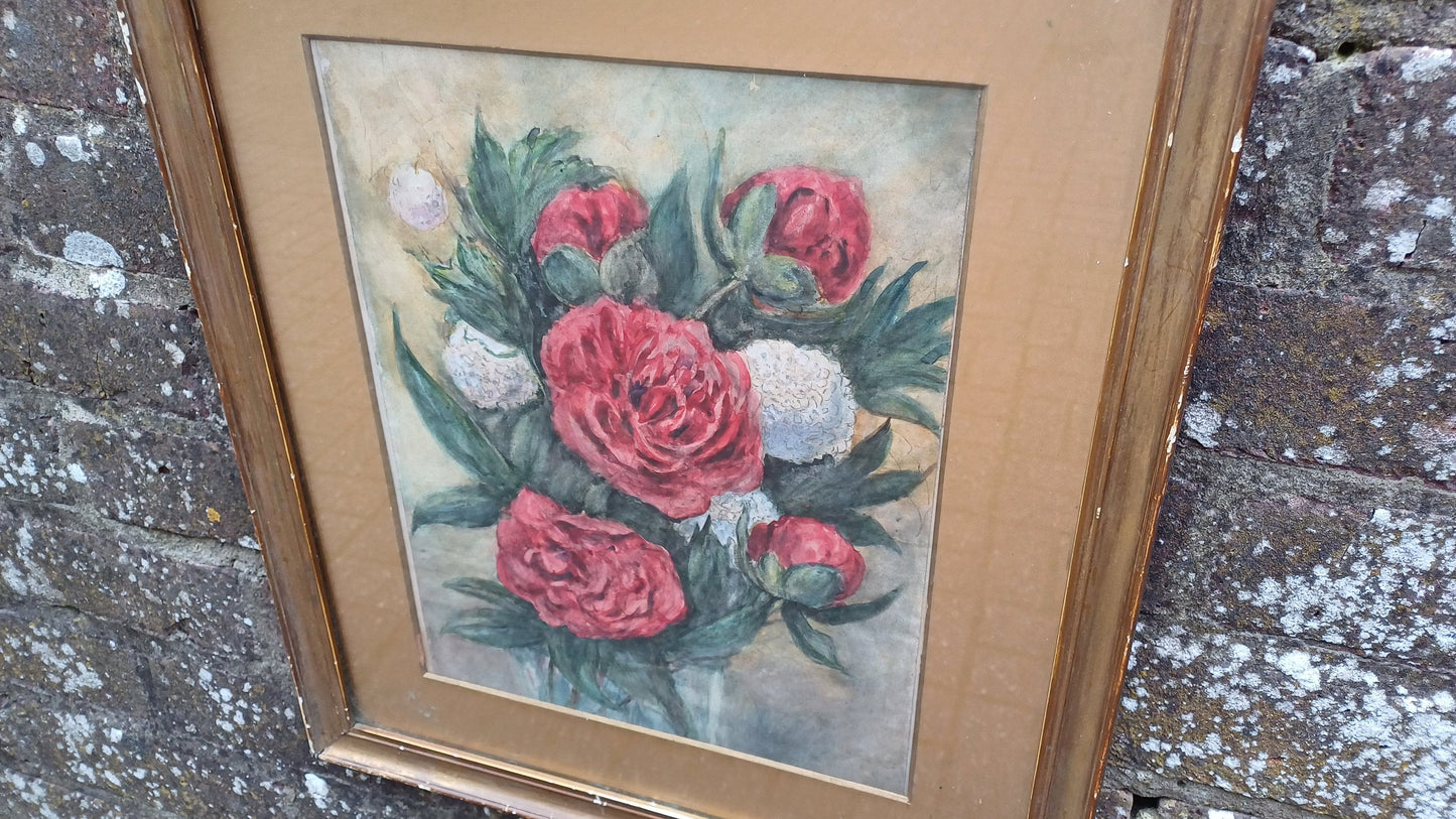 Vintage Original Watercolour and Pen Still Life In Gold Frame Red and White Flower.
