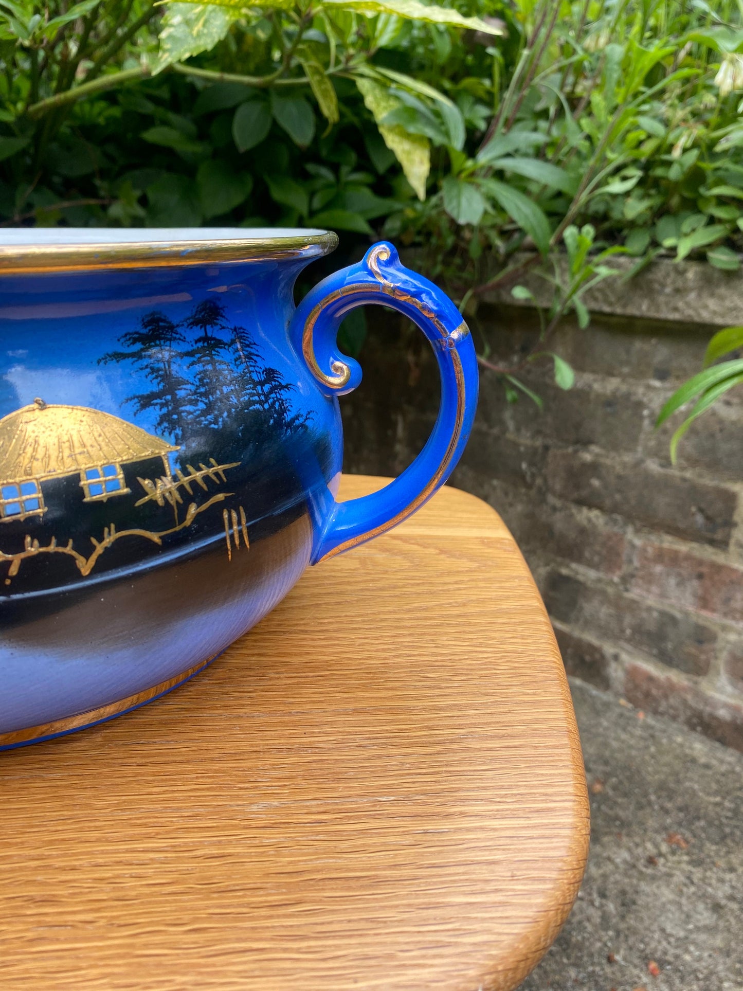 1920s vintage chamber pot, indoor planter, plant pot, Moonlight ware, Shaw & Copestake cobalt blue black gold oriental hand painted (2 of 2)