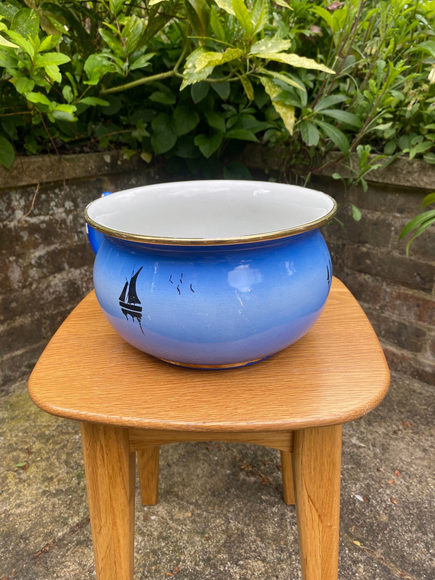 1920s vintage chamber pot, indoor planter, plant pot, Moonlight ware, Shaw & Copestake cobalt blue black gold oriental hand painted (2 of 2)