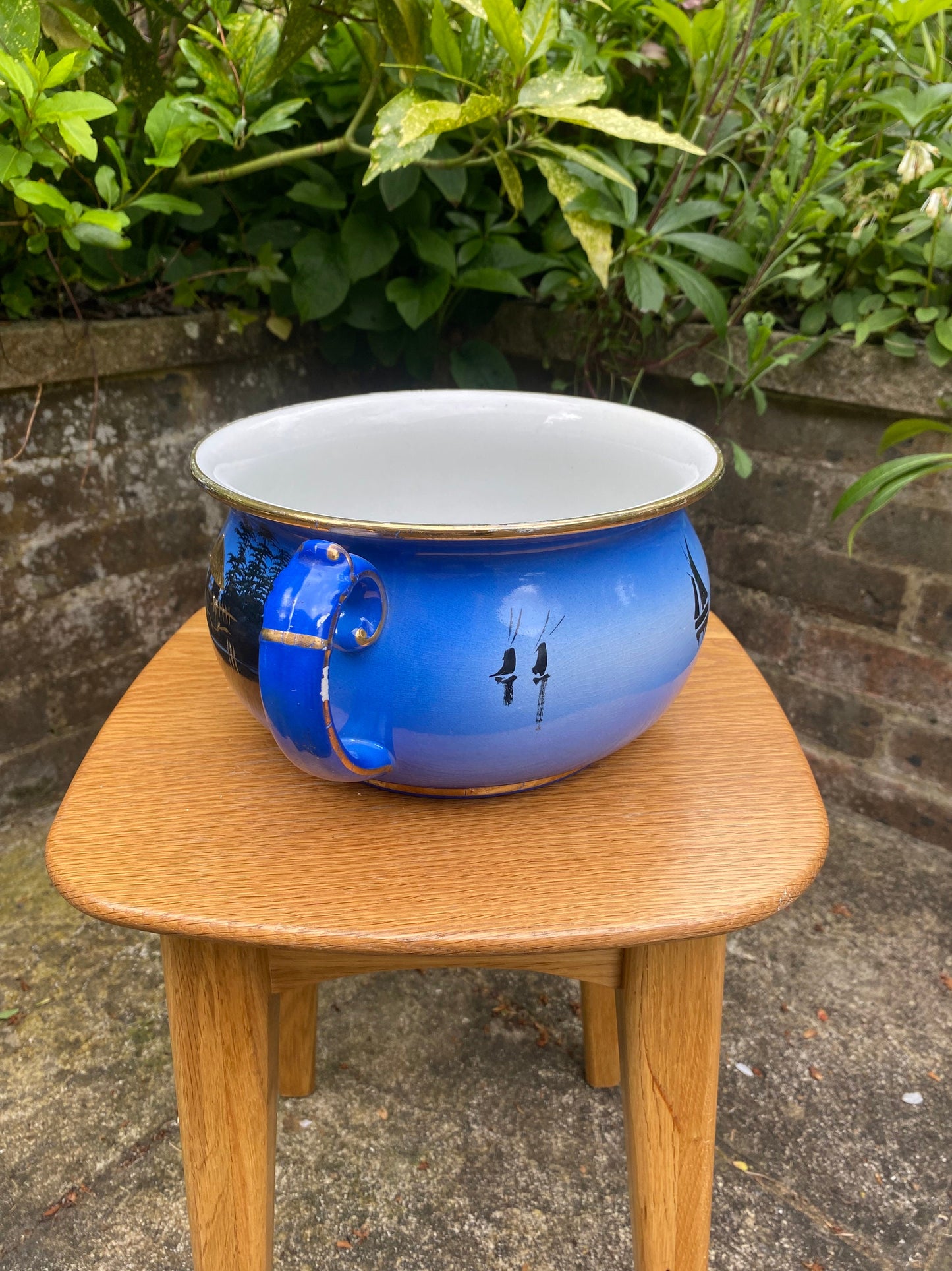 1920s vintage chamber pot, indoor planter, plant pot, Moonlight ware, Shaw & Copestake cobalt blue black gold oriental hand painted (2 of 2)