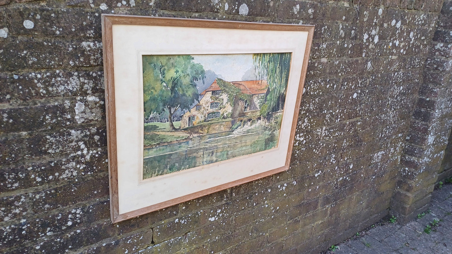 Large vintage watercolour of a Kent house on a river - Mill house, water house, original water colour