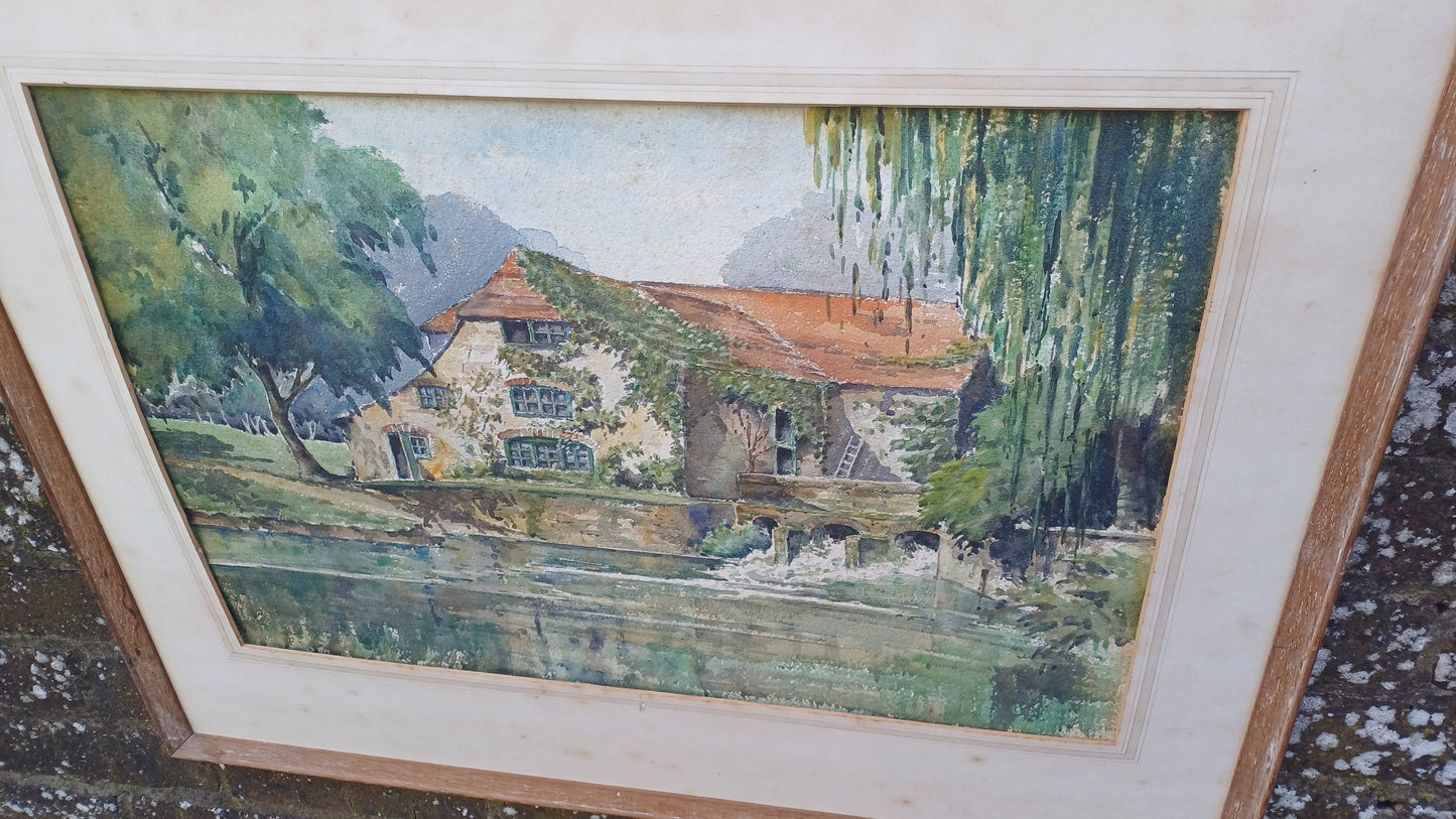 Large vintage watercolour of a Kent house on a river - Mill house, water house, original water colour