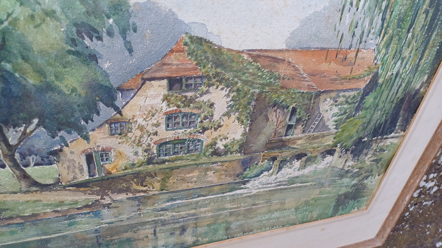 Large vintage watercolour of a Kent house on a river - Mill house, water house, original water colour