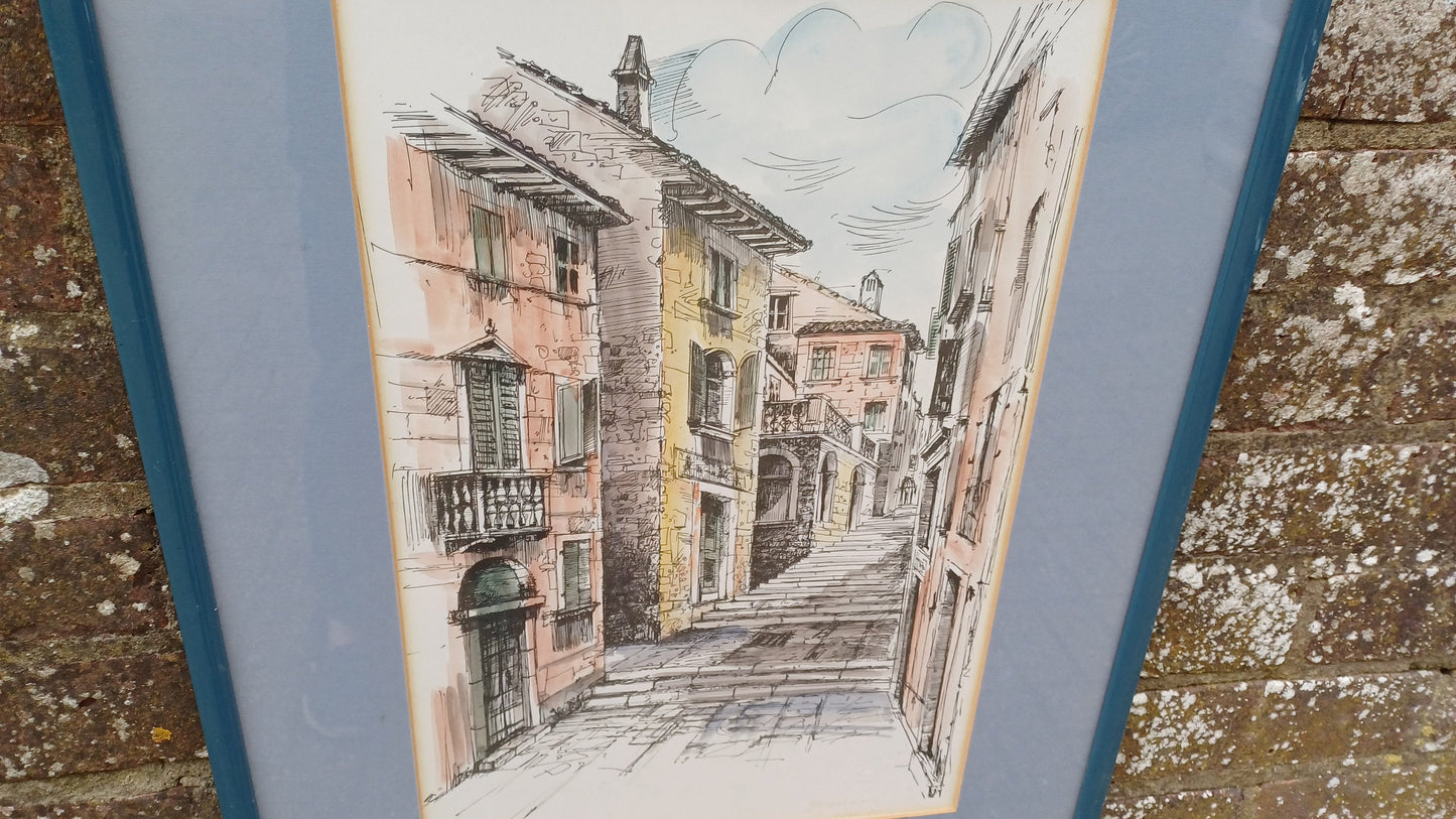 Original 1980s ink drawing and watercolour of Hvar, Croatia street scene - accomplished - framed in vintage blue wooden frame