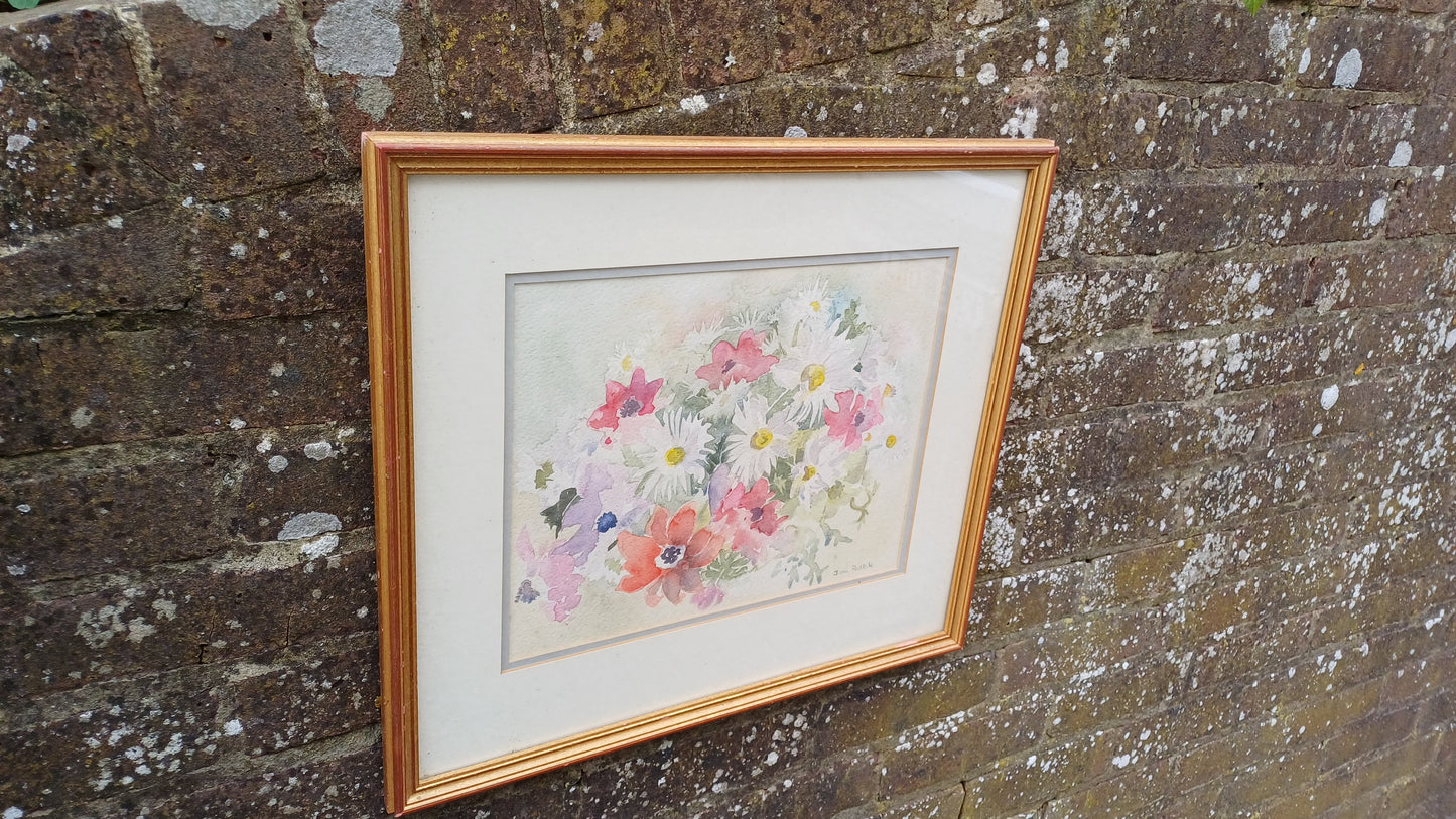 Original vintage watercolour, water colour of Flowers by Janis Roddick - daisies, poppies, cosmos, framed in gilt glazed vintage frame