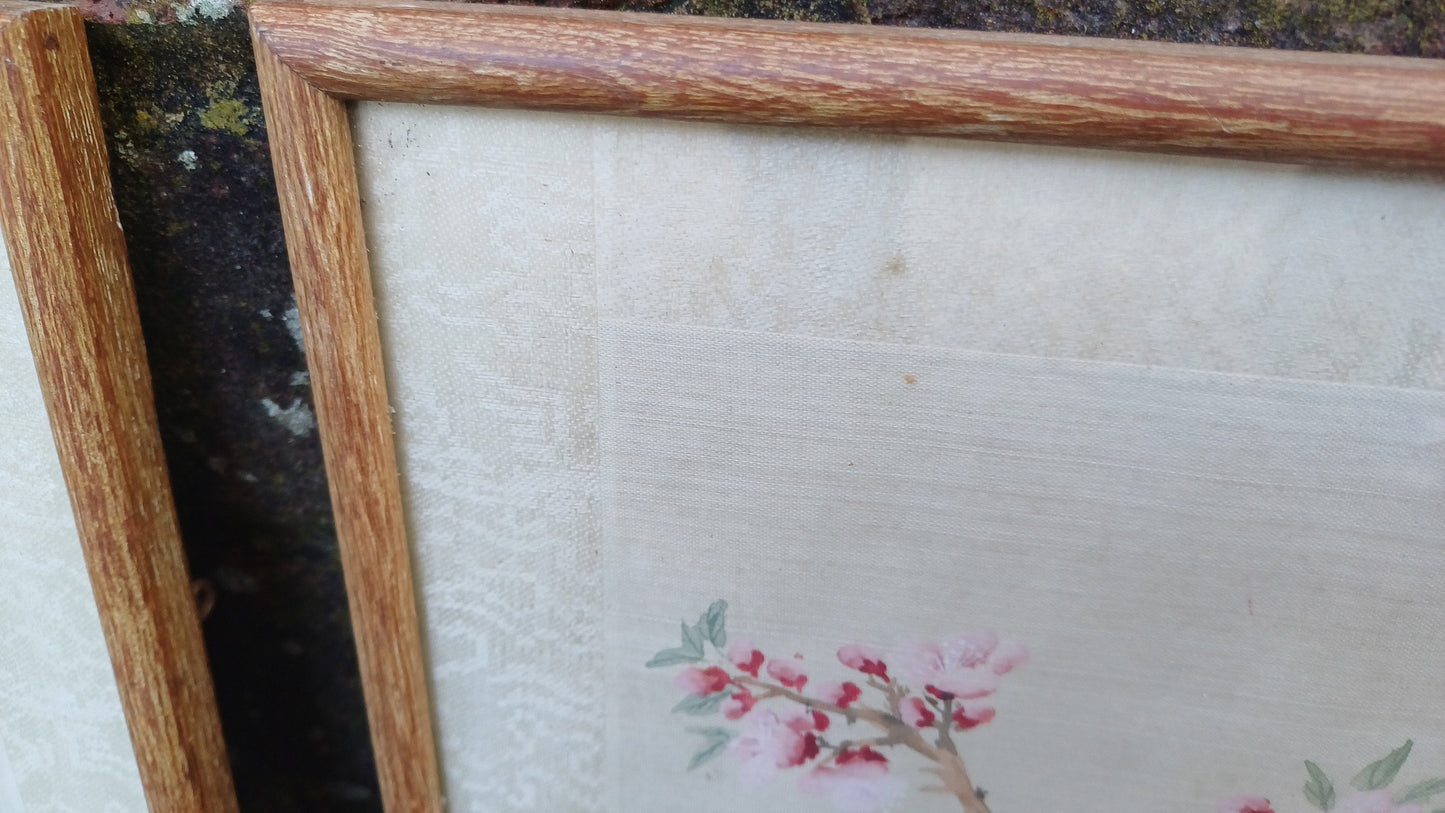 Set of four very beautiful vintage watercolour silk paintings , Japanese Oriental floral theme - four original art silk paintings