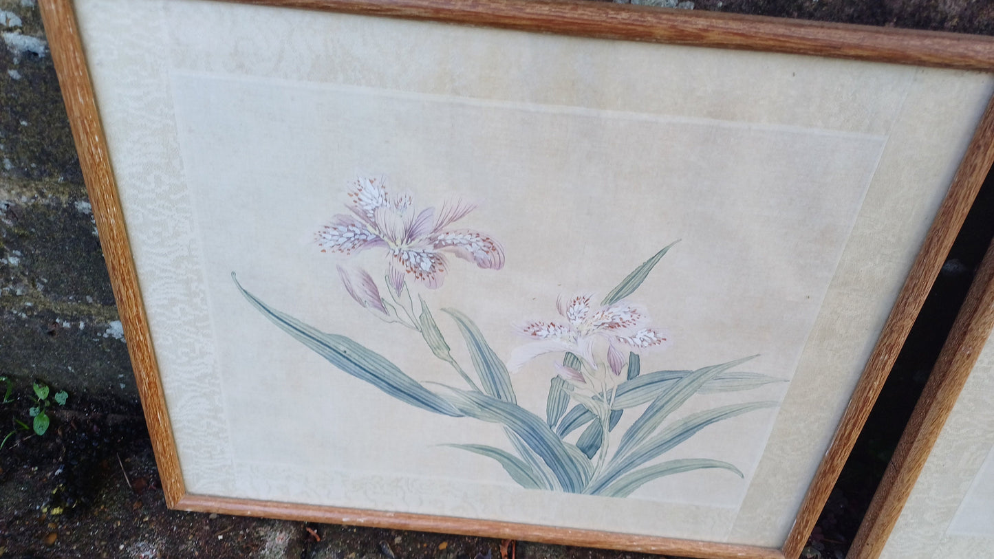 Set of four very beautiful vintage watercolour silk paintings , Japanese Oriental floral theme - four original art silk paintings