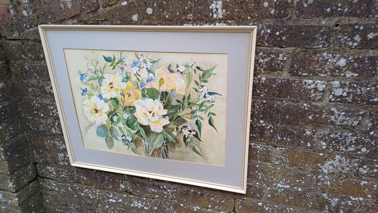Original vintage watercolour still life, flowers in a vase, roses cornflowers, jasmine water colour