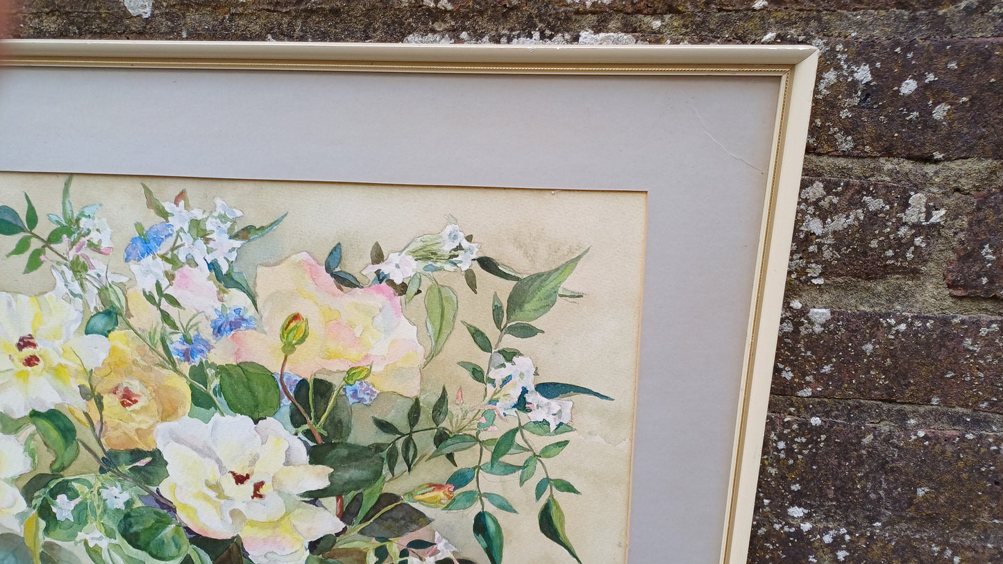 Original vintage watercolour still life, flowers in a vase, roses cornflowers, jasmine water colour