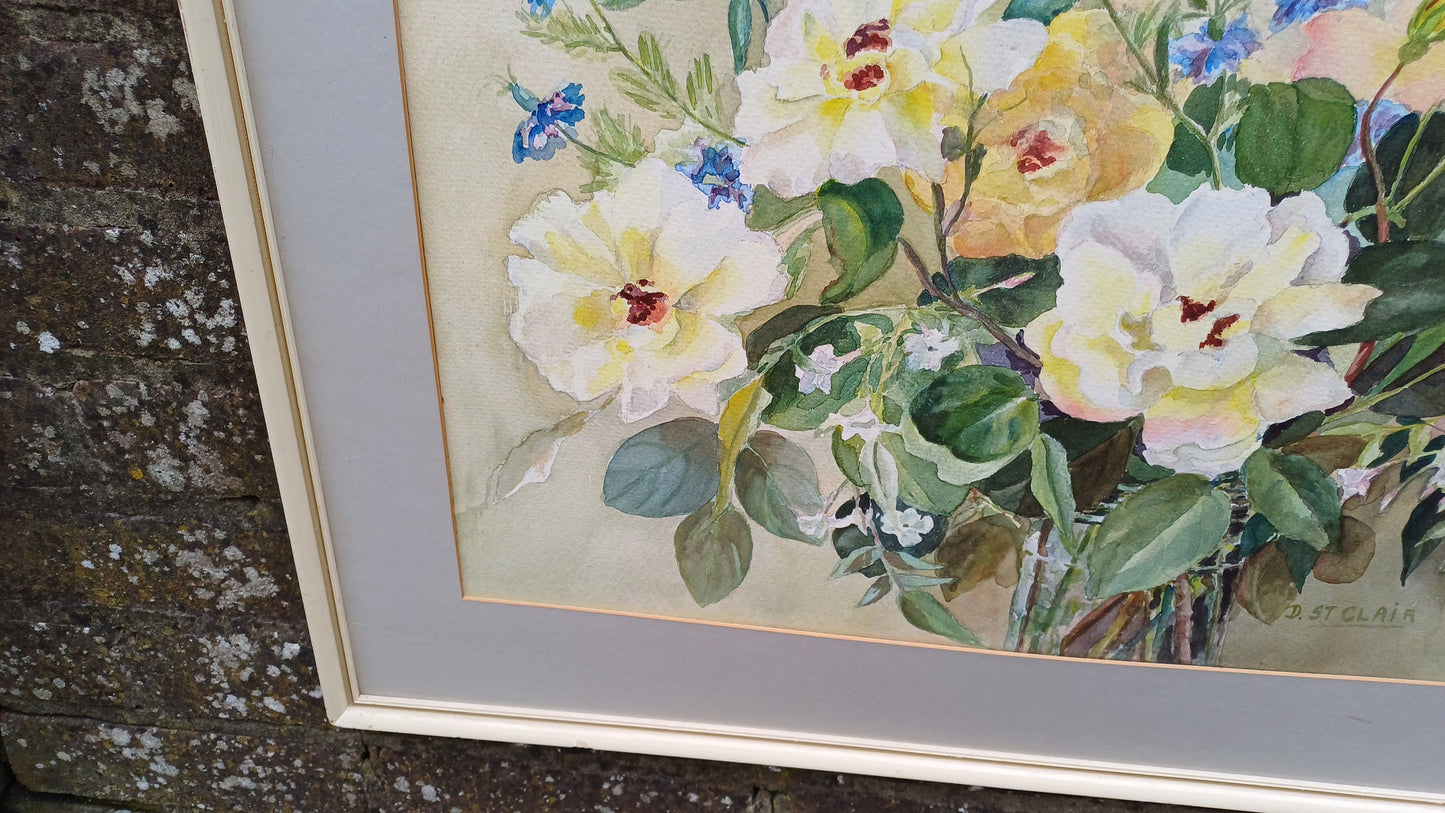 Original vintage watercolour still life, flowers in a vase, roses cornflowers, jasmine water colour