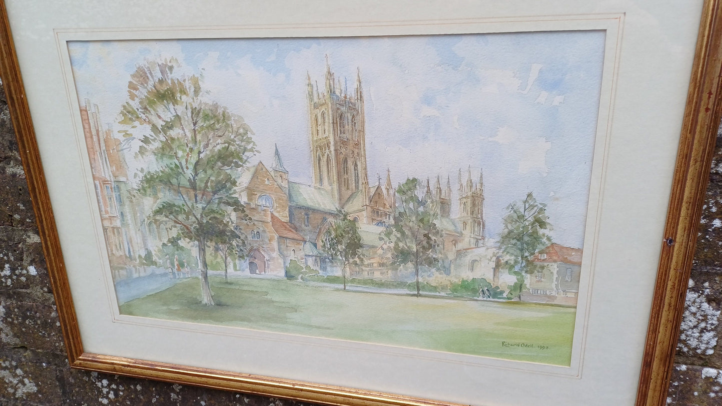 Original vintage painting of Canterbury Cathedral by Richard Odell, original water colour