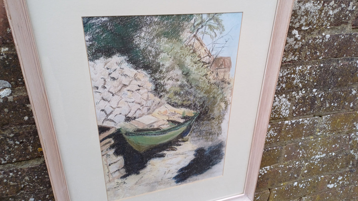 Vintage pastel - Greek Fishing Boat, row boat, Kefalonia, Nassos - original art, framed painting