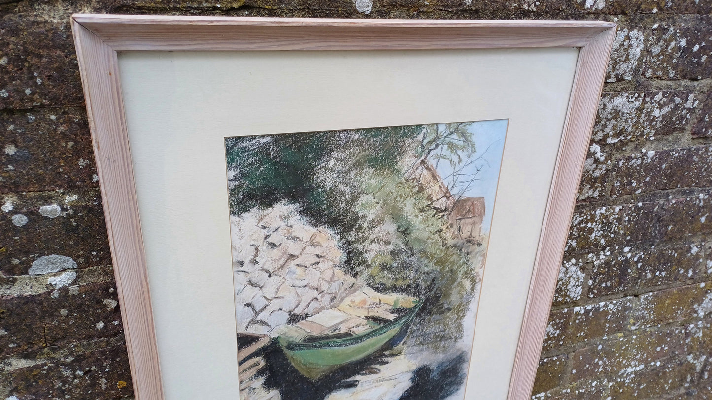 Vintage pastel - Greek Fishing Boat, row boat, Kefalonia, Nassos - original art, framed painting