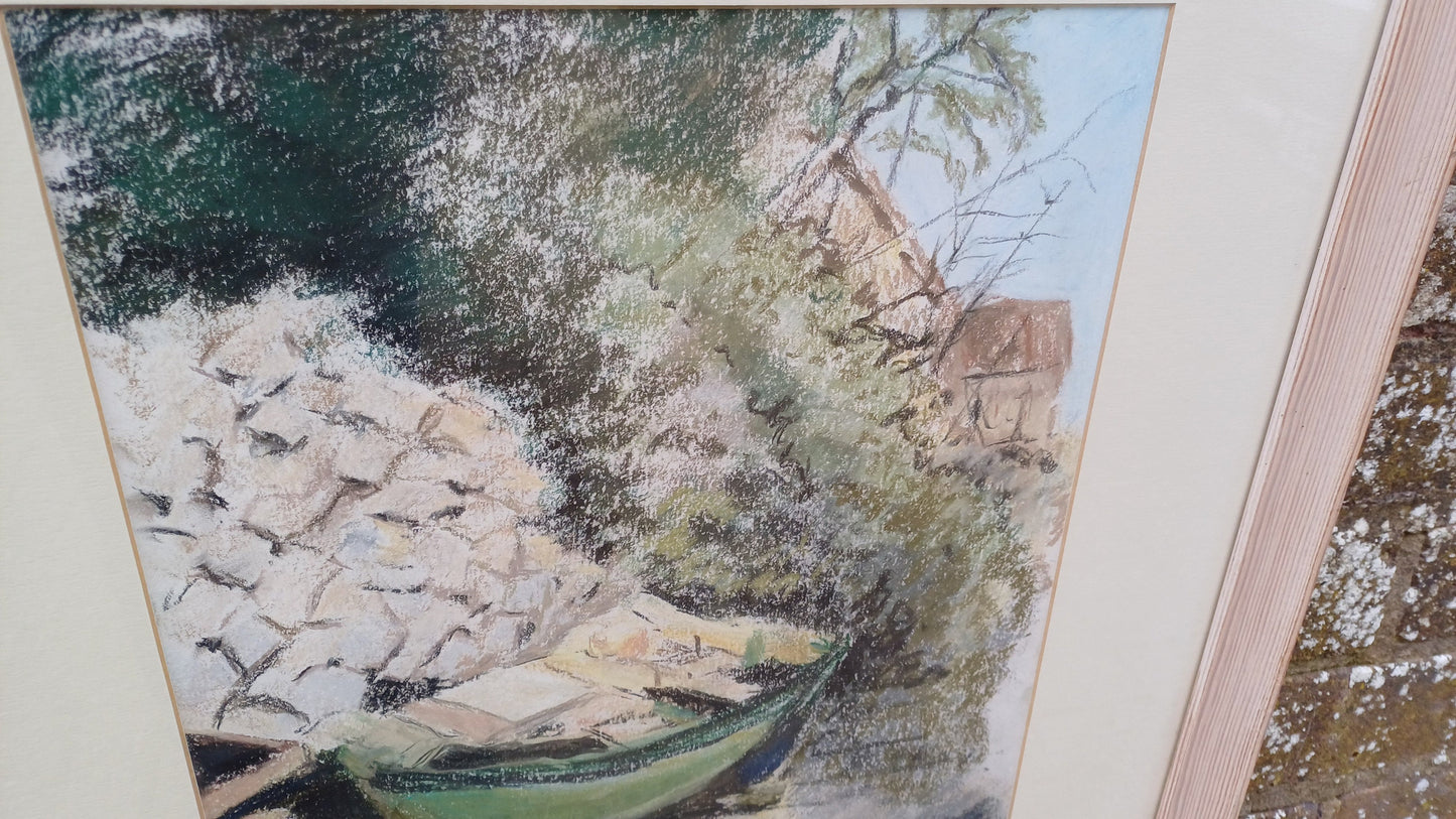 Vintage pastel - Greek Fishing Boat, row boat, Kefalonia, Nassos - original art, framed painting