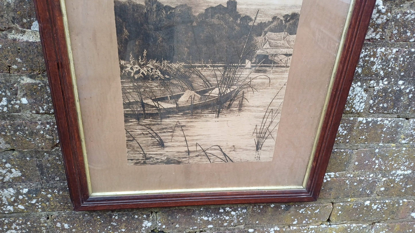 Large glazed antique wooden frame, with wonderful vintage ink drawing mounted