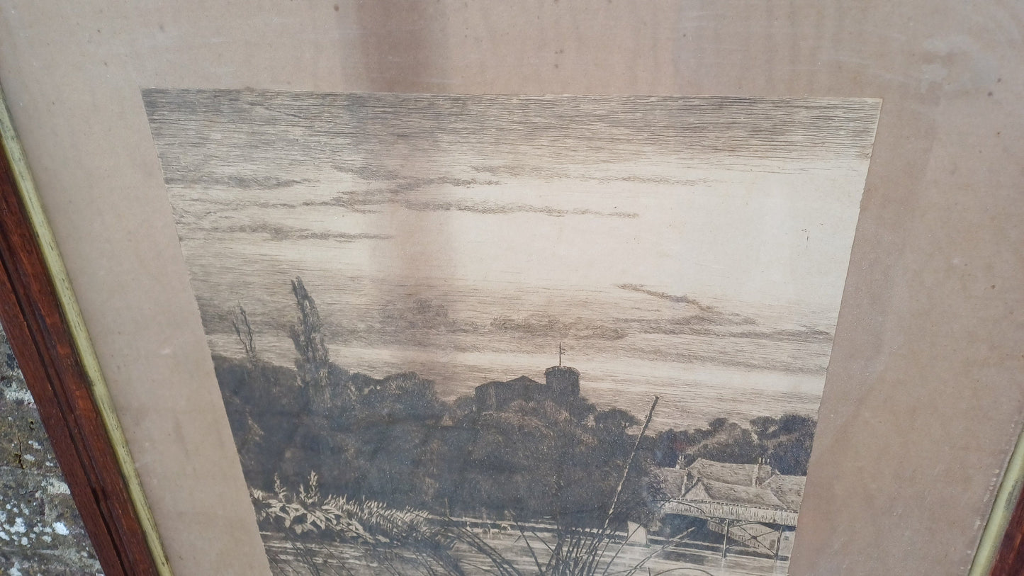 Large glazed antique wooden frame, with wonderful vintage ink drawing mounted