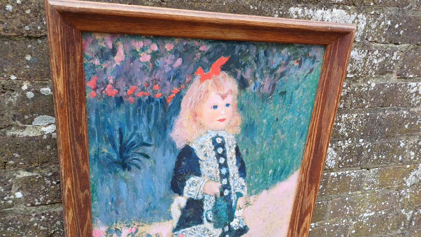 Wonderful vintage copy of famous Renoir painting of Girl with a Watering Can (1876) oil on card, natural wooden vintage frame.