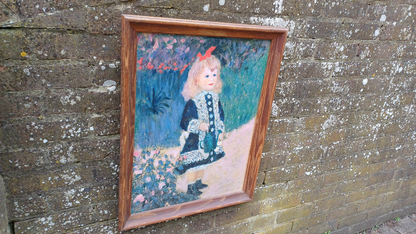Wonderful vintage copy of famous Renoir painting of Girl with a Watering Can (1876) oil on card, natural wooden vintage frame.
