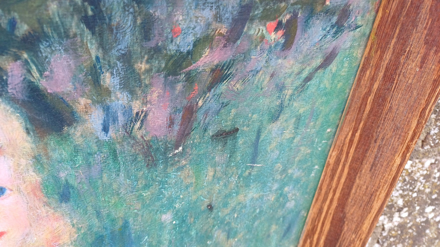 Wonderful vintage copy of famous Renoir painting of Girl with a Watering Can (1876) oil on card, natural wooden vintage frame.