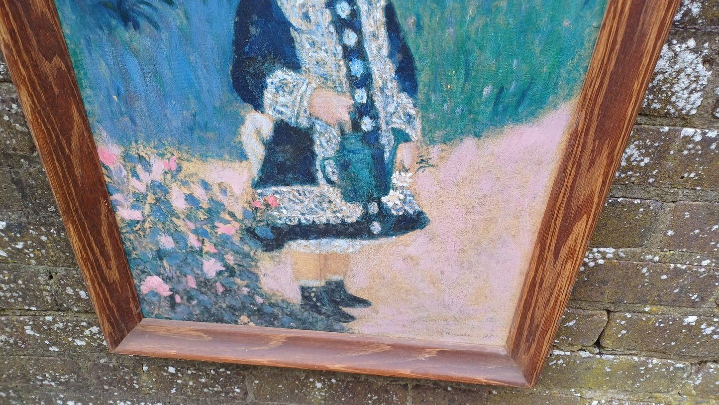 Wonderful vintage copy of famous Renoir painting of Girl with a Watering Can (1876) oil on card, natural wooden vintage frame.