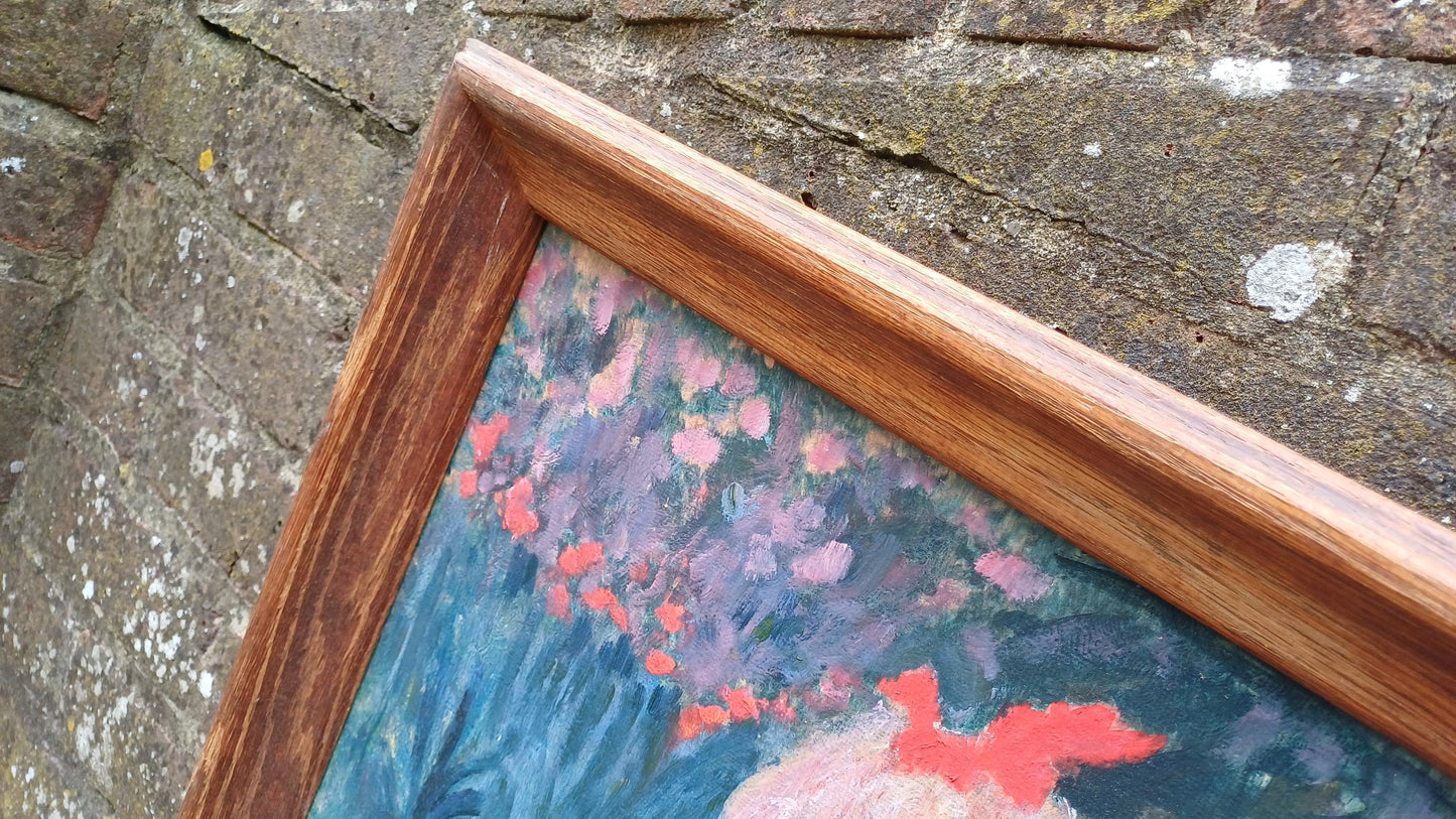 Wonderful vintage copy of famous Renoir painting of Girl with a Watering Can (1876) oil on card, natural wooden vintage frame.