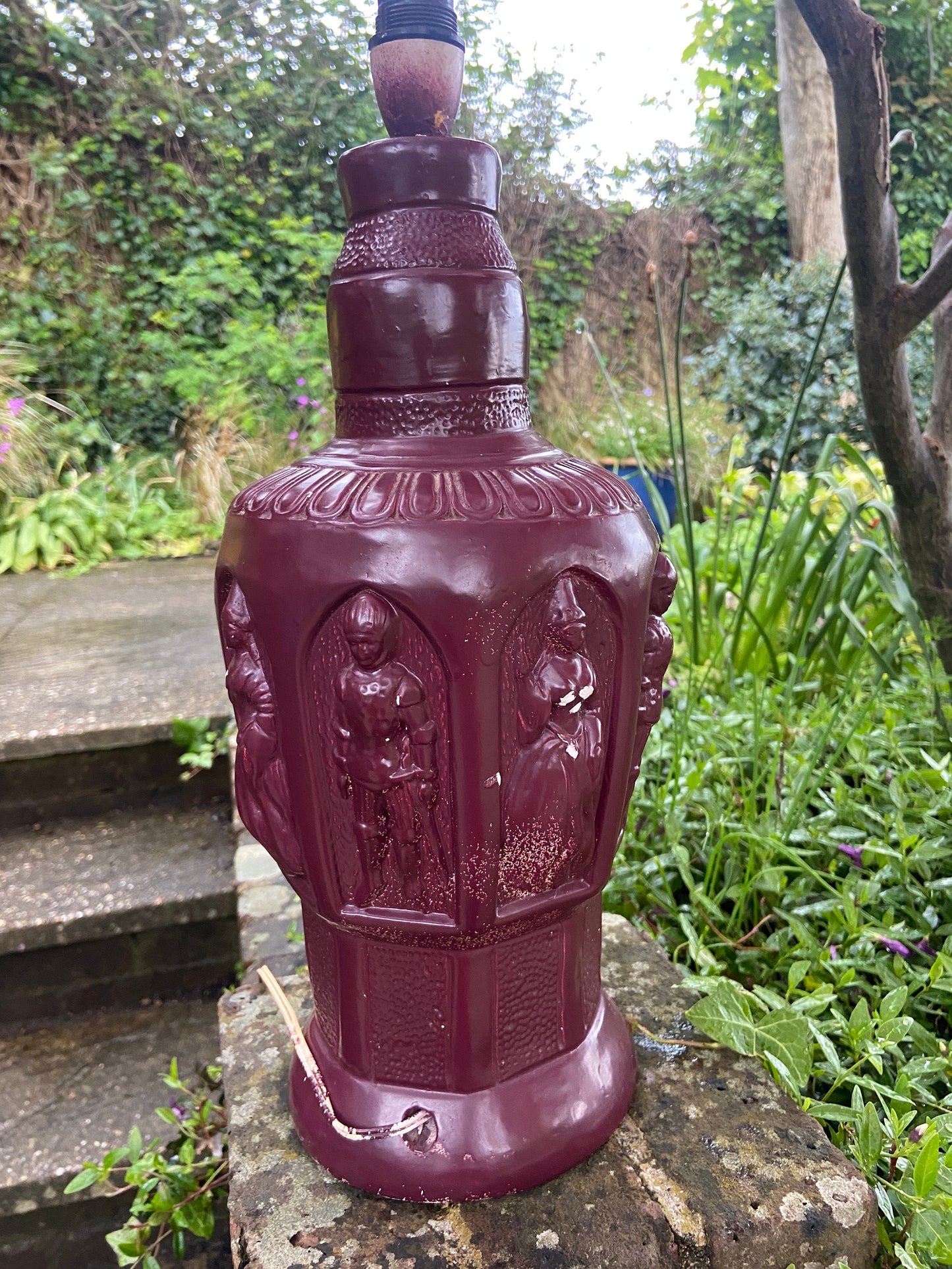 Quirky 1960s 70s large ceramic lamp - wine red, maroon, bottle shape, knicks and maidens motif, working lamp, retro lamp, upcycle
