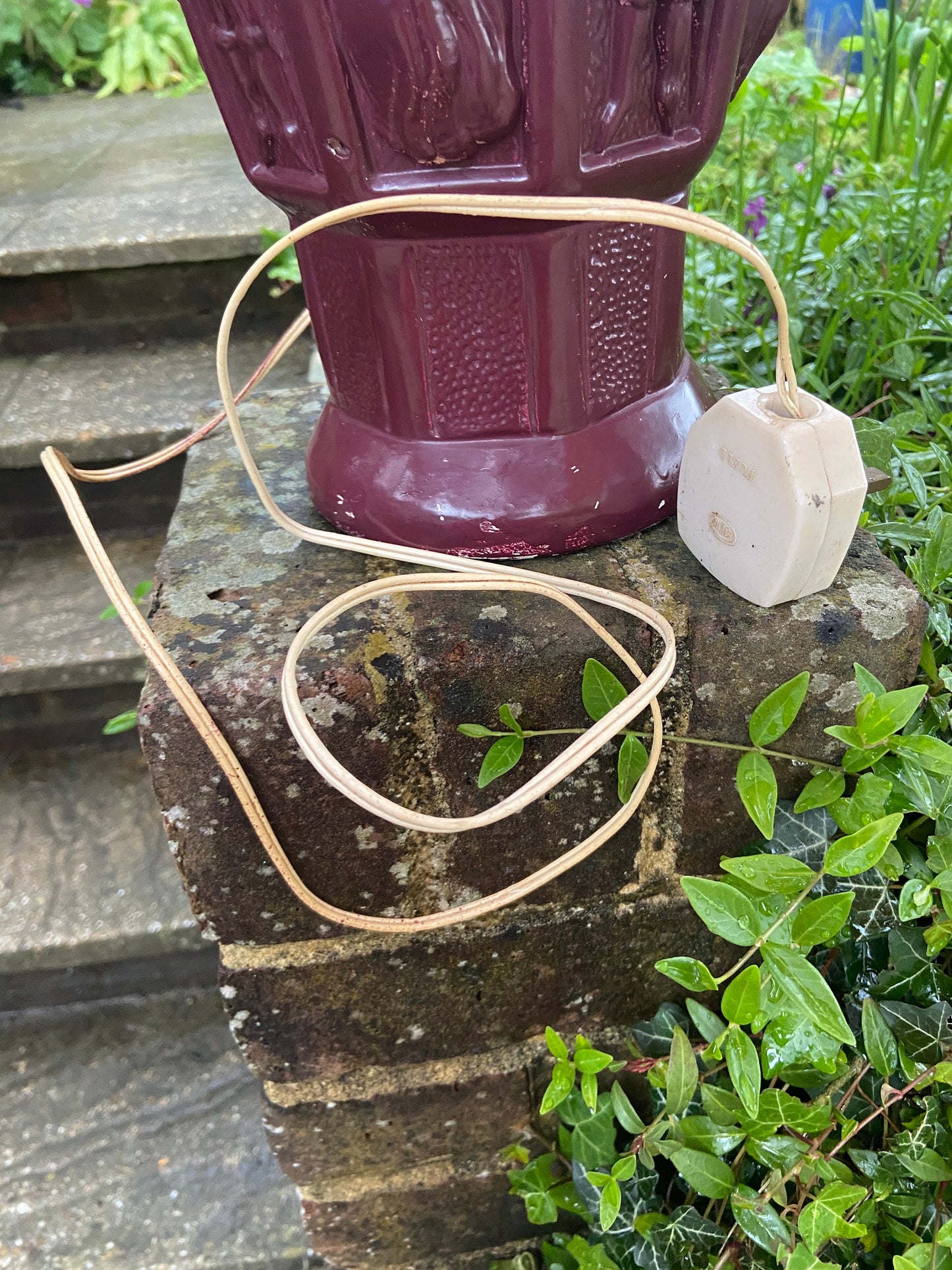 Quirky 1960s 70s large ceramic lamp - wine red, maroon, bottle shape, knicks and maidens motif, working lamp, retro lamp, upcycle