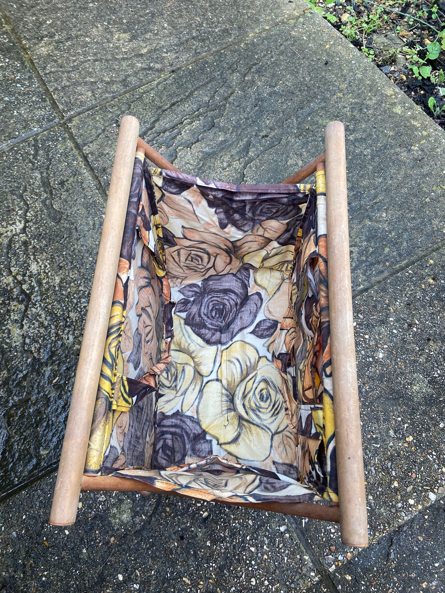 Retro knitting basket, sewing basket, storage basket - fabulous bold bright rose covered material, on classic wooden frame with round feet