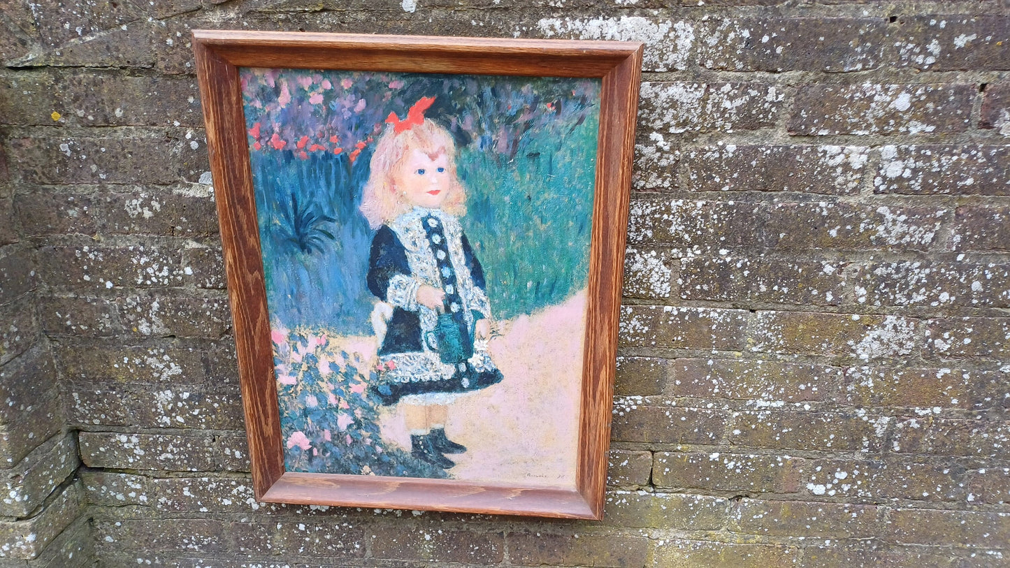vintage copy of Renoir Girl with Watering Can, original oil painting in vintage wooden frame