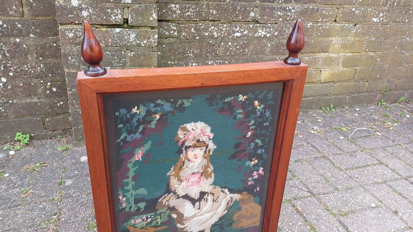 Vintage Tapestry Mahogany Fire Screen Guard of Victorian Child