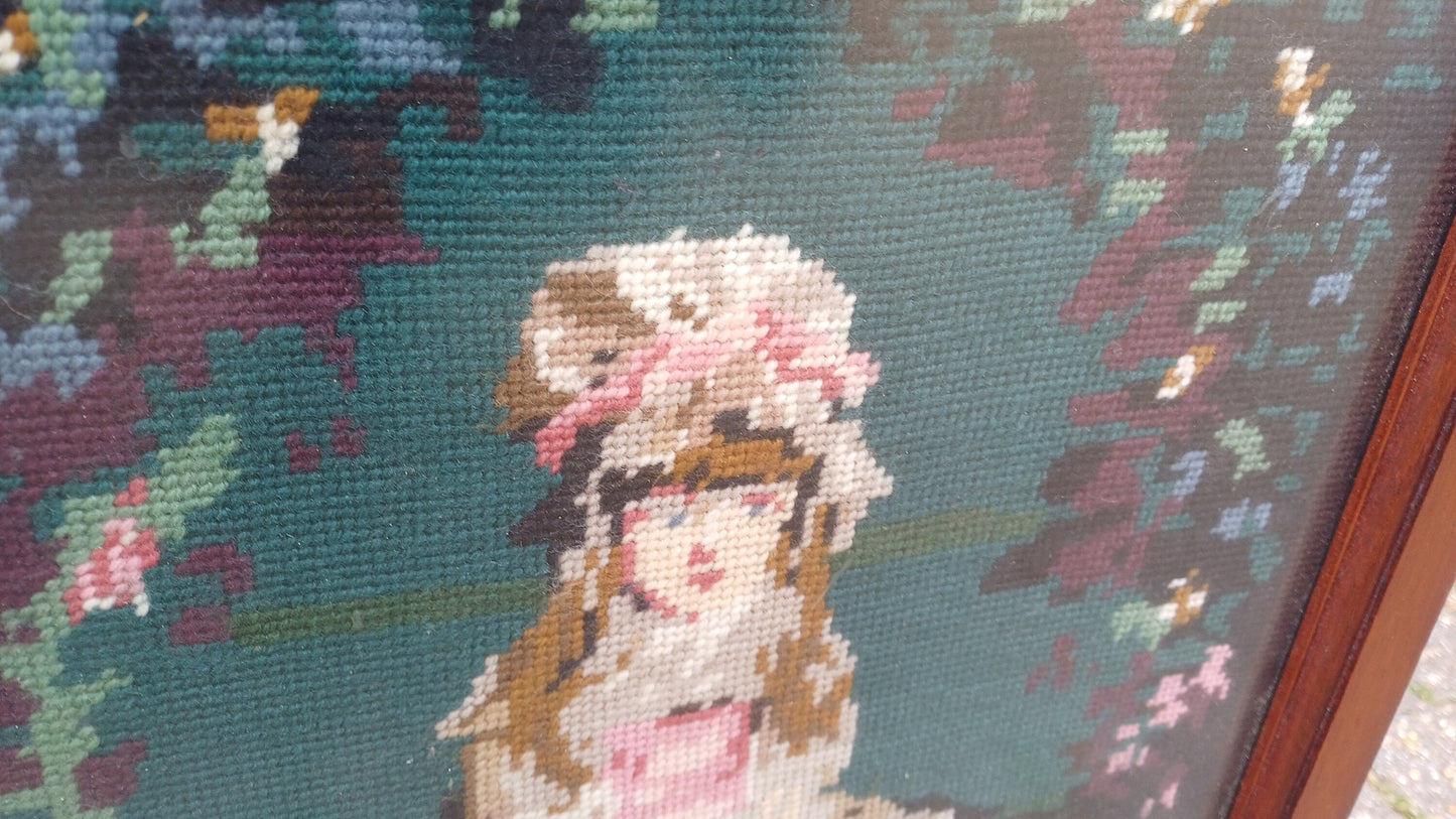 Vintage Tapestry Mahogany Fire Screen Guard of Victorian Child
