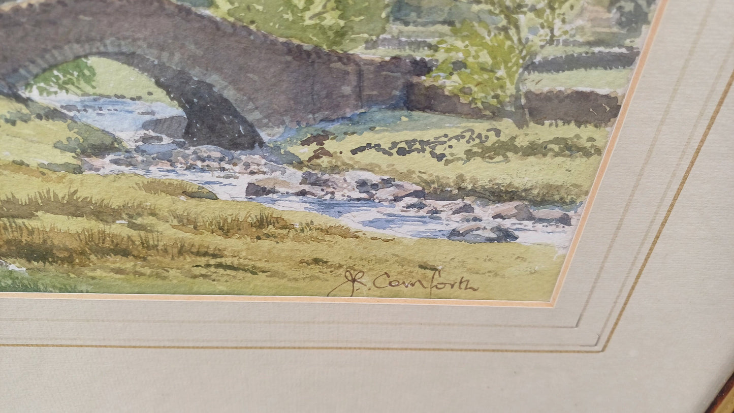 Vintage watercolour painting of Lake District, Cumbria - river, stone bridge, farmhouse, fells, by John Cornforth of Ambleside, orignal
