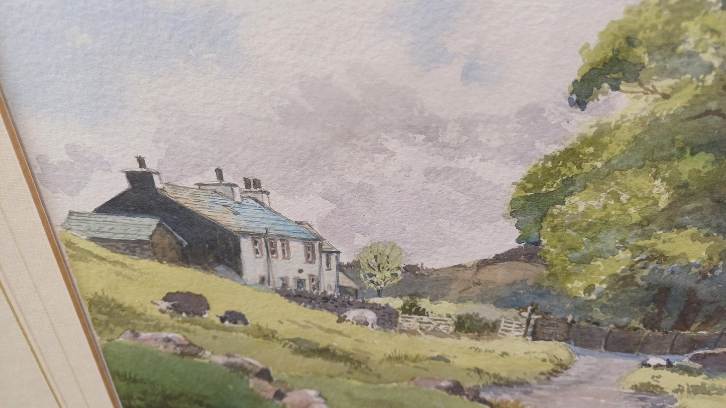 Vintage watercolour painting of Lake District, Cumbria - river, stone bridge, farmhouse, fells, by John Cornforth of Ambleside, orignal